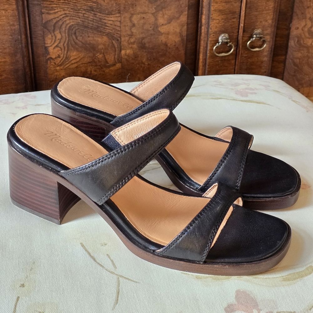 NWT Madewell The Saige Women's Sandals Sz 9 Leather Black Block Heels Slip On - Picture 3 of 14